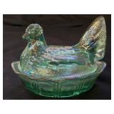 Fenton Iridized Sea Mist Opalescent Hen on Nest
