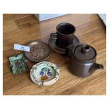 3 Collectible Ashtrays & Stoneware Tea Set