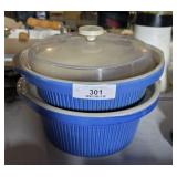 2 Blue Ceramic Pots & Lids