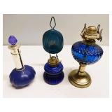 2 Cobalt Oil Lamps & an Avon Bottle