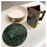 Jeanette Glass Bowl; Majolica Pitcher & Tray