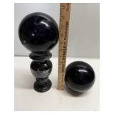 2 Black Glass Gazing Balls & Stone Pedestal