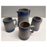 Blue Glazed Pottery Mug & Pitcher Set