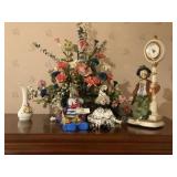 3 Clown Collectibles & Flower Arrangement