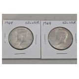 Two Silver 1964 Kennedy Half Dollars