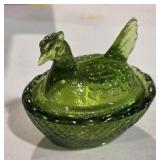 Vintage Green Glass Hen on Nest