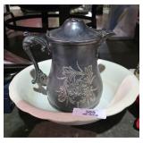 Antique Silver Coffee Pot & Porcelain Bowl