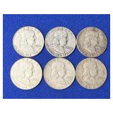 6 Franklin Silver Half Dollar Coins