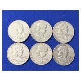 6 Franklin Silver Half Dollar Coins