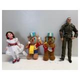 Dolls, Plush Bears & Military Figure Lot