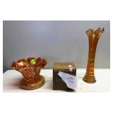 Carnival Glass Vase, Compote & Fenton Bear