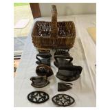 Basket of 8 Antique Irons & 2 Trivets