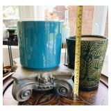 2 Contemporary Pottery Planters & A Base