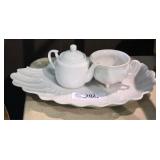 Ornate Porcelain Tray & Sugar / Creamer Set