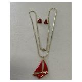 Vintage Enamel Sailboat Necklace & Earring Set