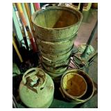 Propane Tank, Wood Milk Buckets & Cast Iron