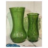 Vintage Ribbed Green Glass Vases