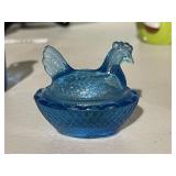 Blue Glass Miniature Hen on Nest