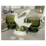 Porcelain Bird Figurine & Emerald Green Glasses