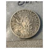 1918 2 Franc Silver French Foreign Coin