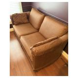 Patterned Brown Loveseat Sofa with Throw Pillows