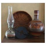 Vase, Oil Lamp, Basket & Broom