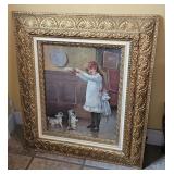 Vintage Framed Girl and Pugs Print