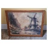 Vintage Signed Canal & Windmill Print