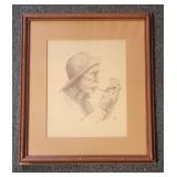 Vintage Joni Signed Fisherman Drawing