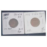 1867 & 1912 US Five Cent Pieces