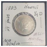 1883 King of Hawaii Quarter Dollar