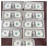 9- One Dollar Star Serial Number Bills