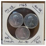 3- 1963 Canadian Silver Dimes