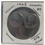 3- 1965 Canadian Silver Dimes