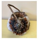 Vintage Navajo Woven Basket W/ Fur & Feather