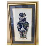 Framed Cross Stitch Floral Ginger Jar