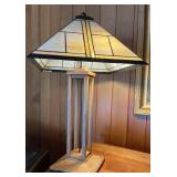 Stickley Style Stained Glass & Wood Table Lamp
