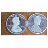 1991 & 92 Lincoln Penny 1oz Silver Coins