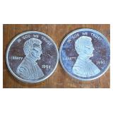 1991 & 92 Lincoln Penny 1oz Silver Coins