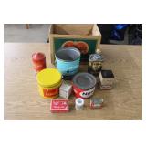 Box of misc. tins Box of misc. tins