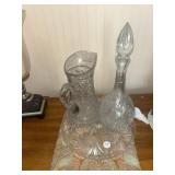 Crystal pitcher, wine, flask, and serving tray