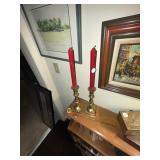 Pair of brass candlesticks and candle snuffer