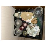 Glassware, pencil sharpener, two brown bag c