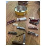 Tin full of pocket knives:  Barlow, Case, Sears,