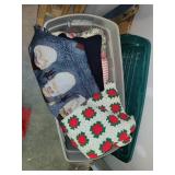 Large tote with afghan bedspread, blankets,