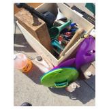 Misc box, garden tools, plunger, car wash