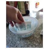 Pair of light blue Pyrexx rooster, mixing bowls