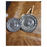 Pewter Patriotic plates and 2 Cardinal digging