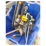 Misc garden hose attachments, hand brooms, bin