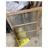 6 panel wooden window, barrel with scrap wood,